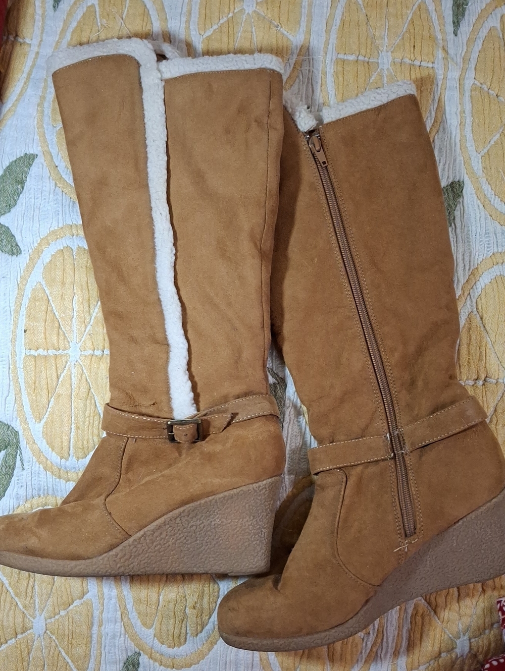 Women’s Tan Wedge Knee-High Boots with Shearling Trim